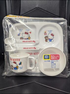 Hello Kitty White and Red Kids Dinnerware Set - Cute Character Plates & Utensils